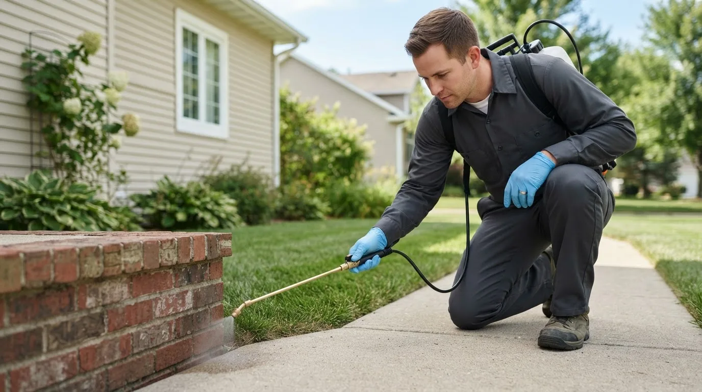 Pest control technician treating a home near Galena, AK